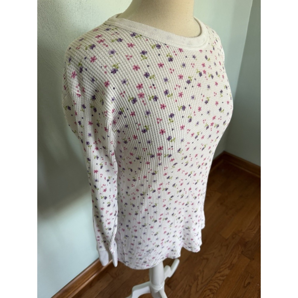 Carols Collection Vintage Floral Waffle Knit Thermal Top White Purple Large - Picture 2 of 5
